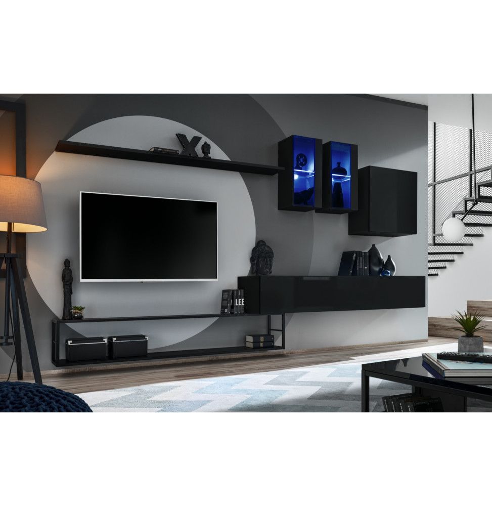 Ensemble meuble TV mural Switch Met I - L 330 x P 40 x H 180 cm - Noir