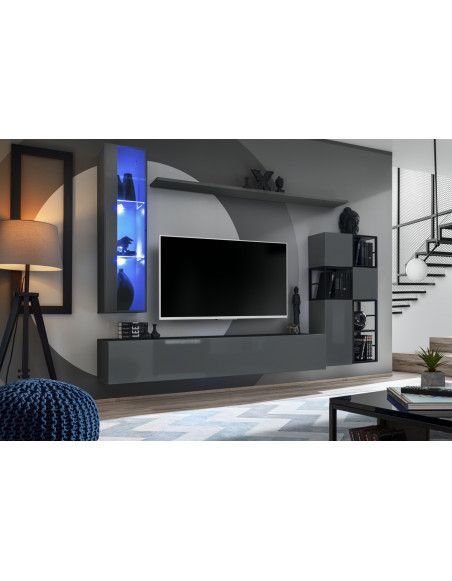 Ensemble meuble TV mural Switch Met II - L 250 x P 40 x H 170 cm - Gris