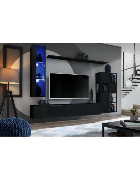 Ensemble meuble TV mural Switch Met II - L 250 x P 40 x H 170 cm - Noir