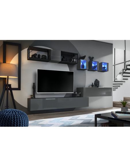 Ensemble meuble TV mural Switch Met III - L 280 x P 40 x H 170 cm - Gris