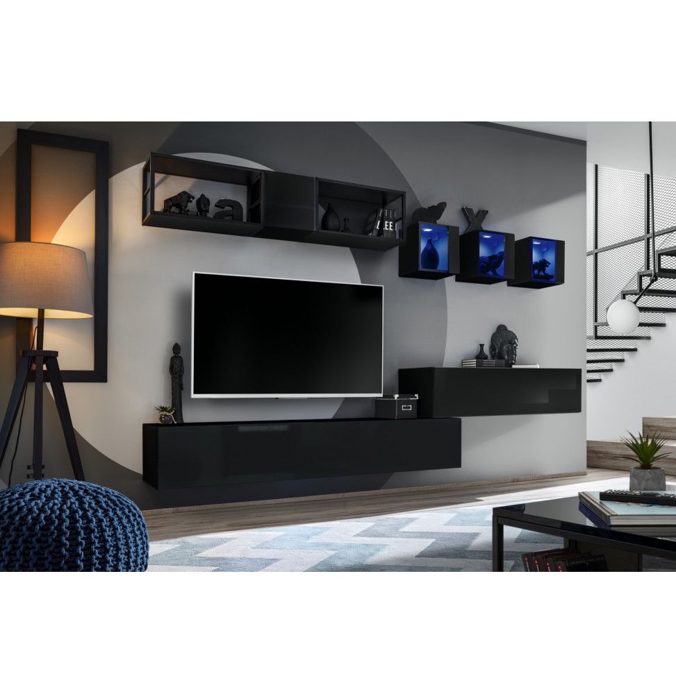 Ensemble meuble TV mural Switch Met III - L 280 x P 40 x H 170 cm - Noir