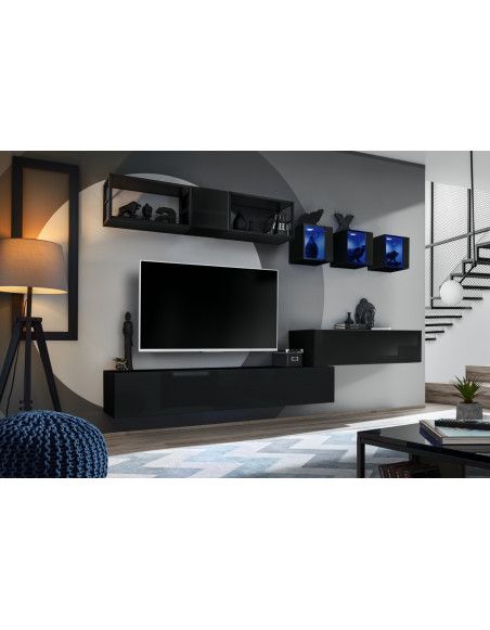 Ensemble meuble TV mural Switch Met III - L 280 x P 40 x H 170 cm - Noir