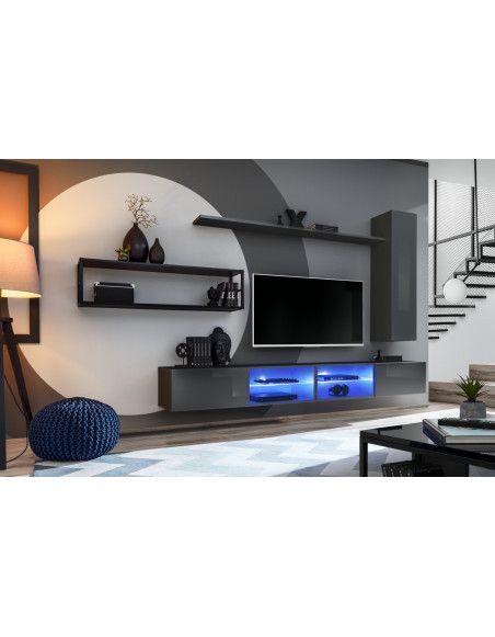 Ensemble meuble TV mural Switch Met IV - L 300 x P 40 x H 170 cm - Gris