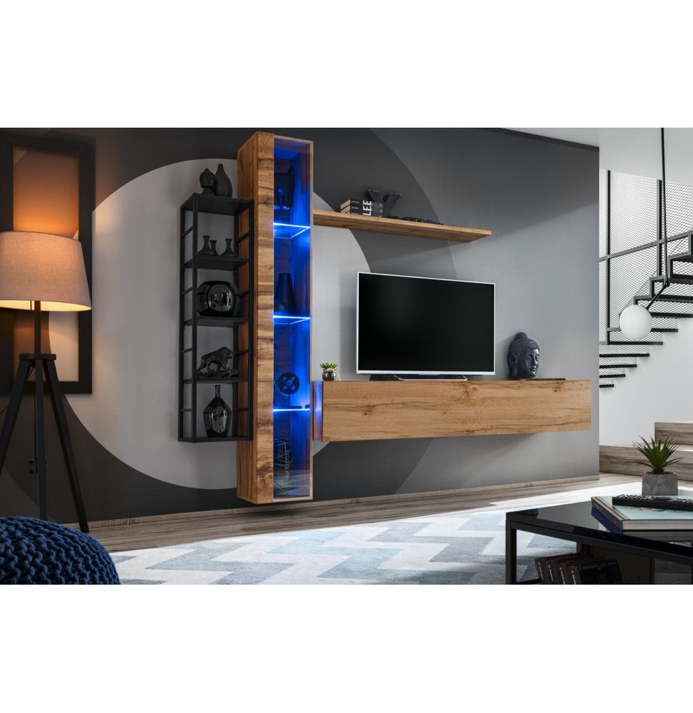 Ensemble meuble TV mural Switch Met VII - L 240 x P 40 x H 180 cm - Marron