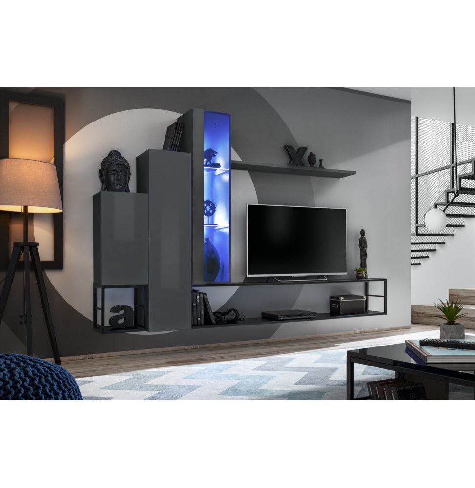 Ensemble meuble TV mural Switch Met VIII - L 240 x P 30 x H 151 cm - Gris