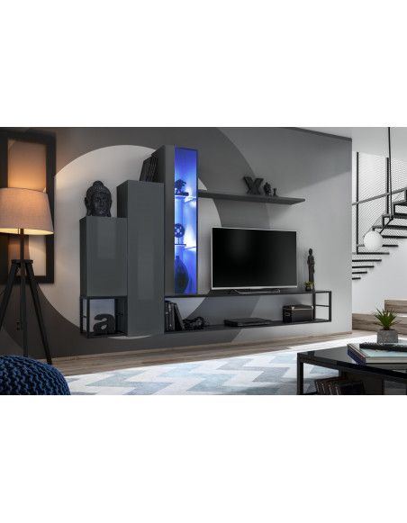 Ensemble meuble TV mural Switch Met VIII - L 240 x P 30 x H 151 cm - Gris