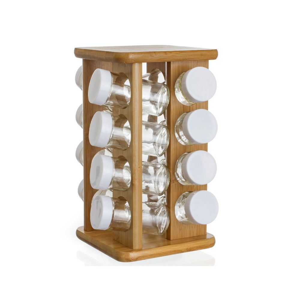 Présentoir rotatif avec 16 pots à épices en bambou - Noir/Beige - H 28 cm