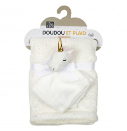 Doudou et plaid - Licorne - 100 x 80 cm - Blanc