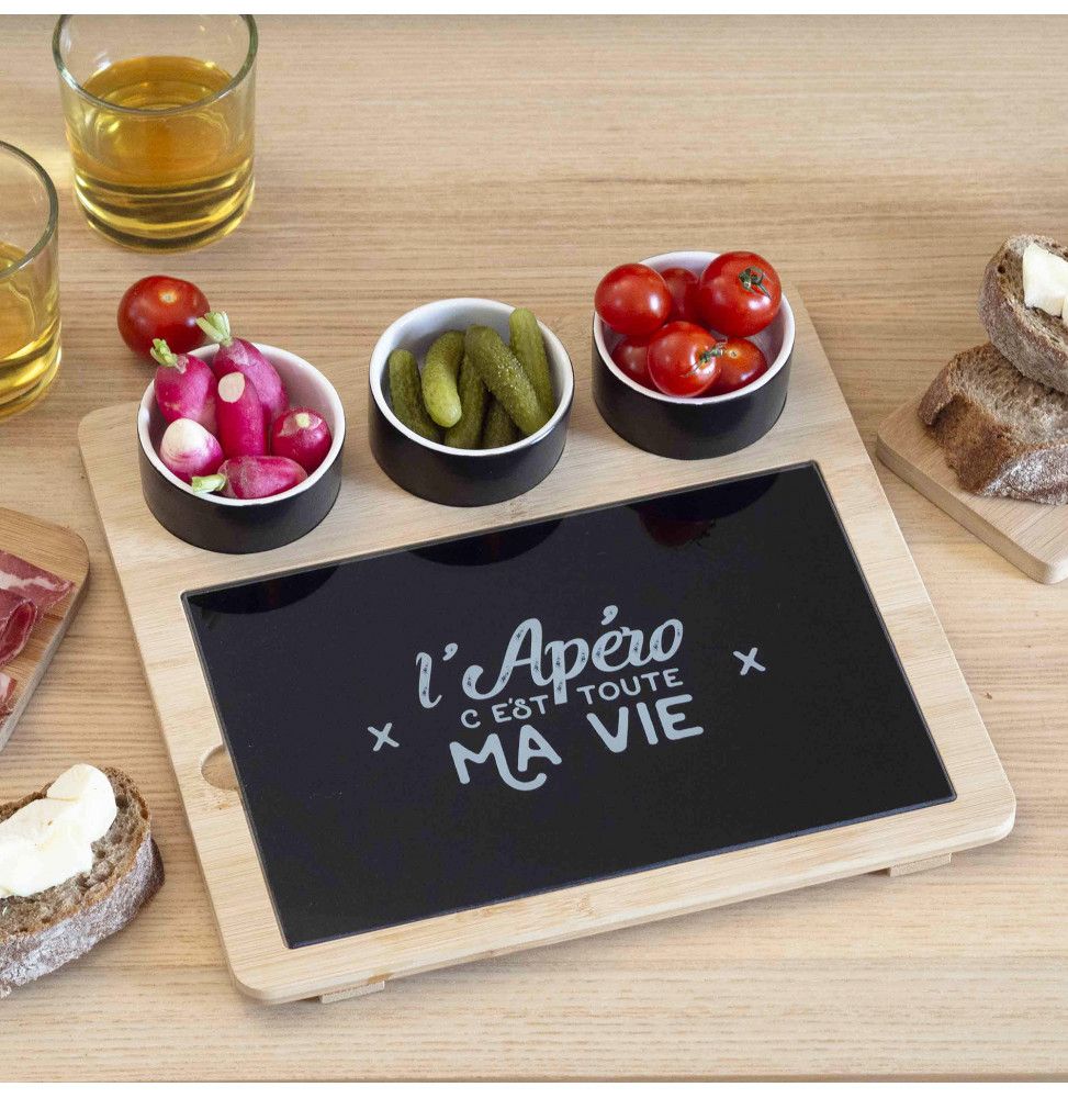 Plateau apéritif  avec sa planche et 3 coupelles - Bambou