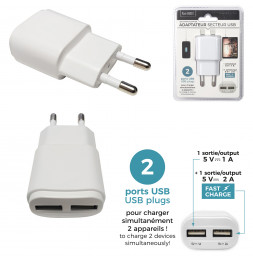 Adaptateur secteur avec double port USB - Blanc
