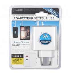 Adaptateur secteur - USB + TYPE C - L 4,5 cm x l 2,7 cm x H 9,7 cm