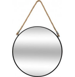 Miroir rond en fer avec corde en jute - D 55 cm - Noir