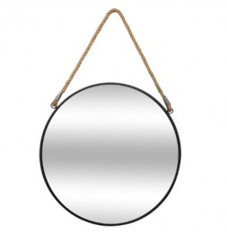 Miroir rond en fer avec corde en jute - D 55 cm - Noir