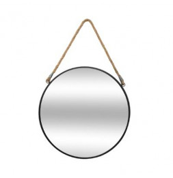 Miroir rond en fer avec corde en jute - D 38 cm - Noir