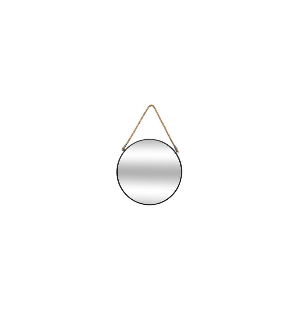 Miroir rond en fer avec corde en jute - D 38 cm - Noir