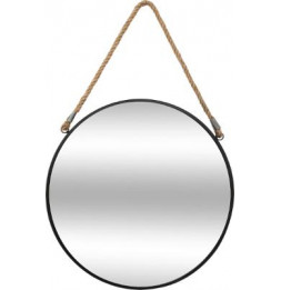 Miroir rond en fer avec corde en jute - D 38 cm - Noir