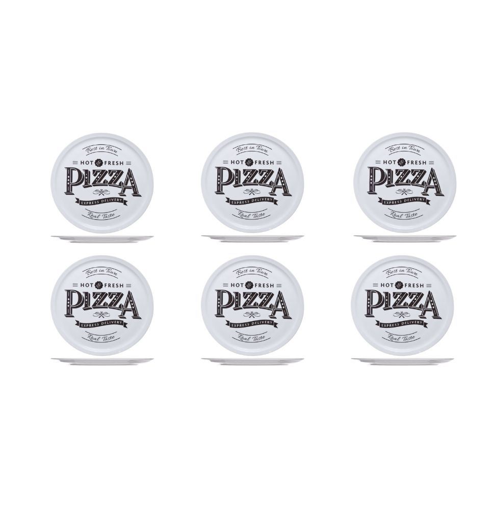Set de 6 assiettes à pizza imprimée en porcelaine - D 30 cm - Blanc