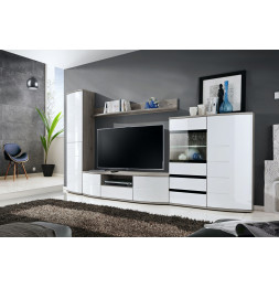 Ensemble meuble TV mural  - ONTARIO I - 300 cm  x 184 cm x 48 cm - Chêne et blanc