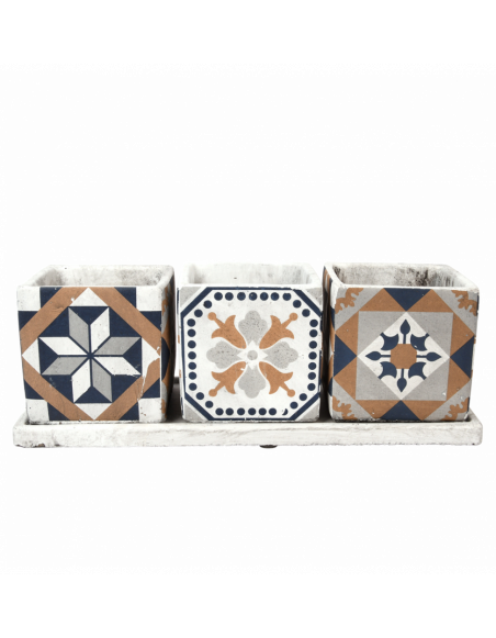 Lot de 3 pots de fleurs à carreaux portugais - L 13,3 cm x l 36,1 cm x H 12,6 cm