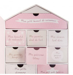 Coffret naissance forme maison 10 tiroirs - Boîte à souvenirs de bébé - Rose