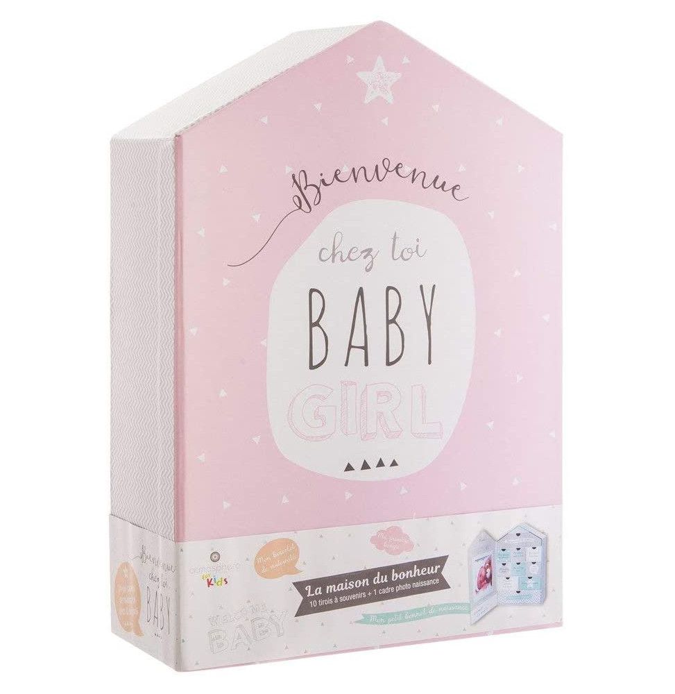 Coffret naissance forme maison 10 tiroirs - Boîte à souvenirs de bébé - Rose