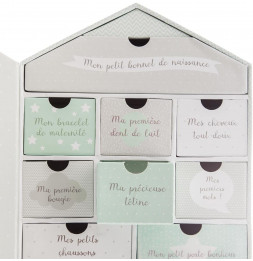 Coffret naissance forme maison 10 tiroirs - Boîte à souvenirs de bébé - Vert