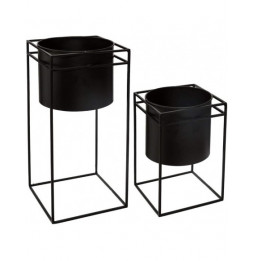 Lot de 2 pots de fleurs en métal avec support - Tailles différentes - Noir