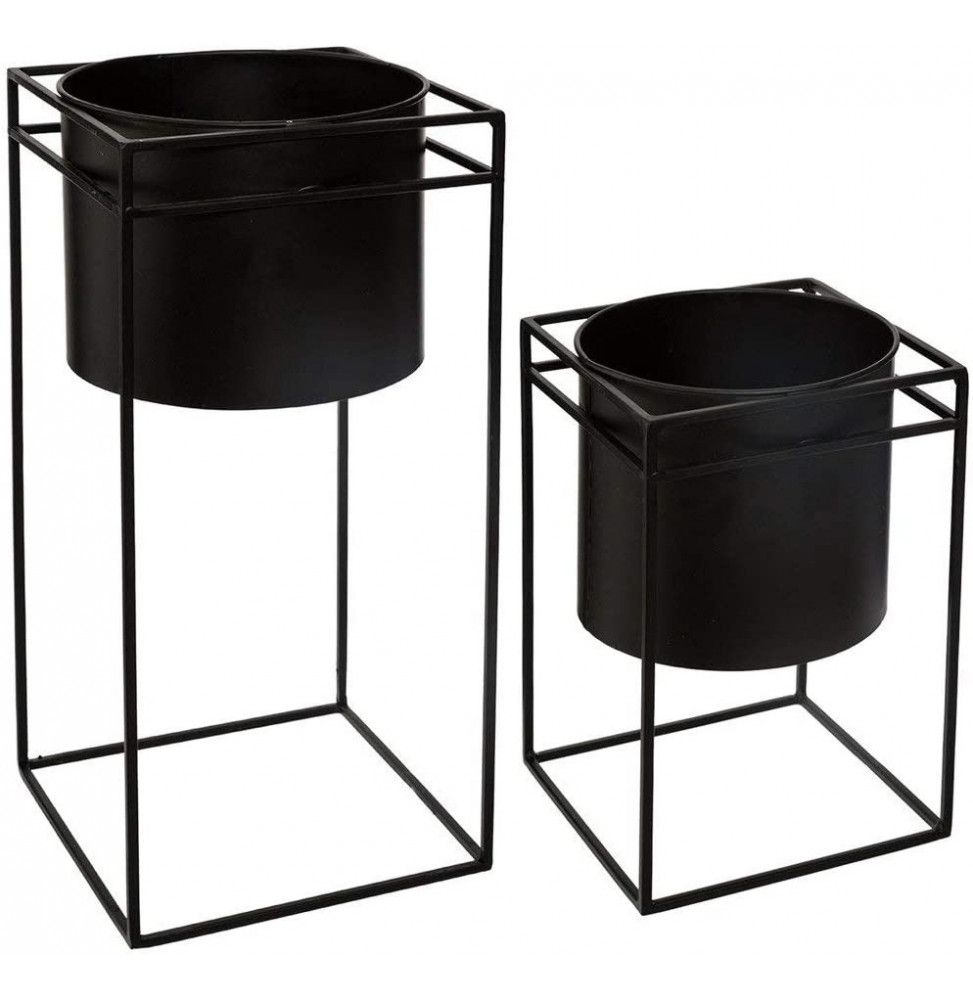 Lot de 2 pots de fleurs en métal avec support - Tailles différentes - Noir