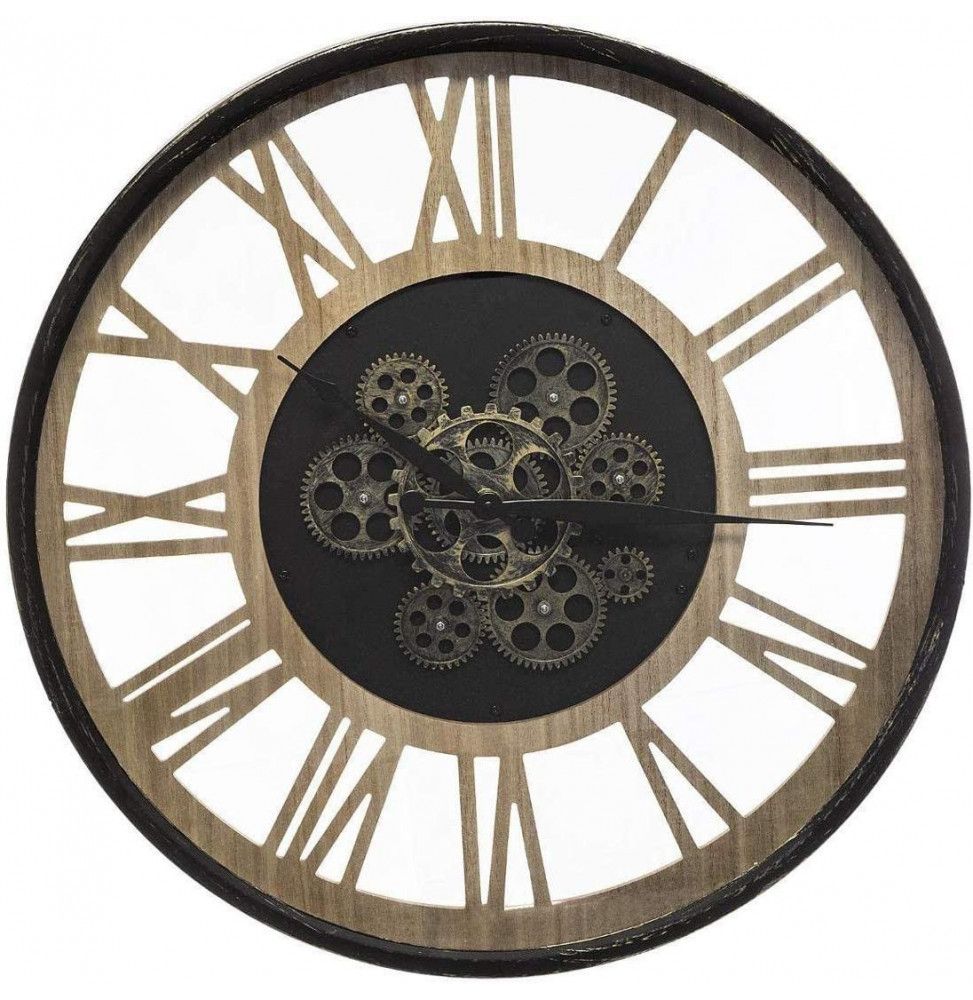 Horloge mécanique - Métal et bois - D 57 cm - Noir